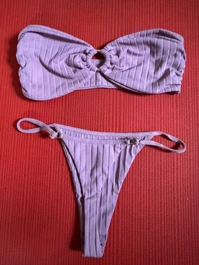 Lilac Ribbed Bandeau Bikini Set - Women Swim